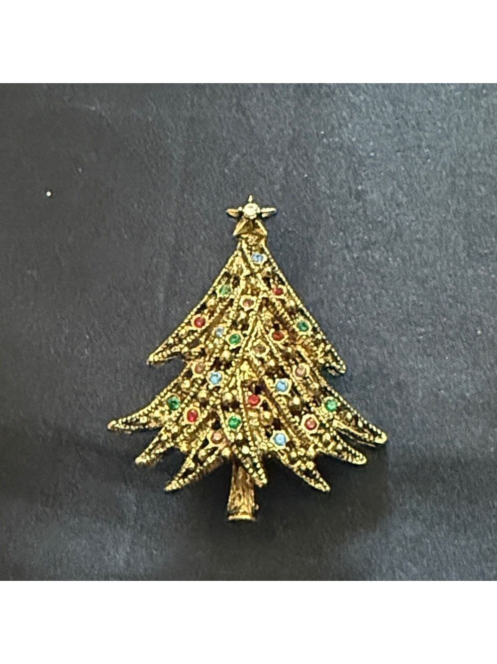 Vintage Christmas Tree Brooch Pin Gold Color with Round Multicolor Crystals